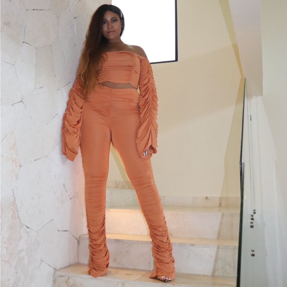 Ruched Off-Shoulder Legging Set - Orange
